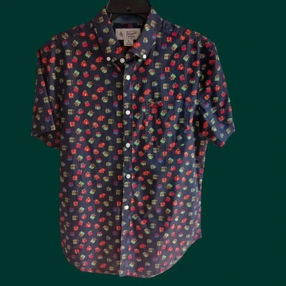 Original Penguin Short Sleeve Button-Up Shirt Gift Print size medium navy blue - Picture 1 of 16